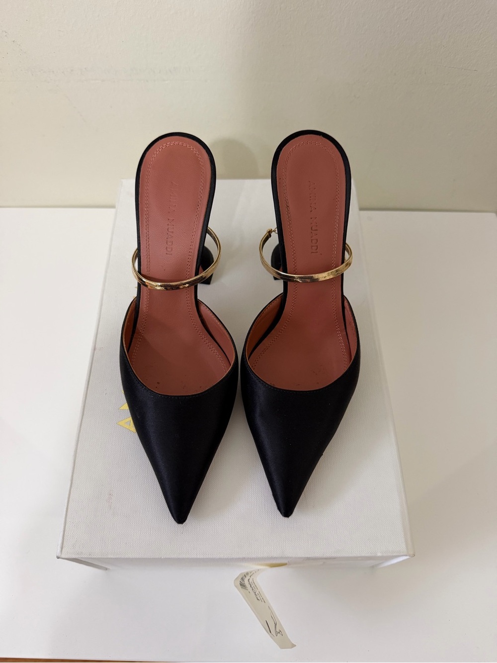 Amina Muaddi Black Pointed Mules with Gold Ankle Cuff